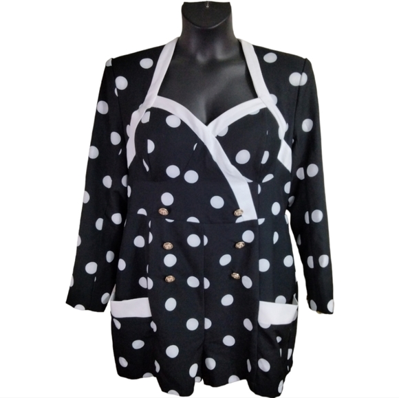 Women Black White Polka Dot V-Cut Line Romper w/Pockets back Zipper. Size 1X NWT - Picture 5 of 16